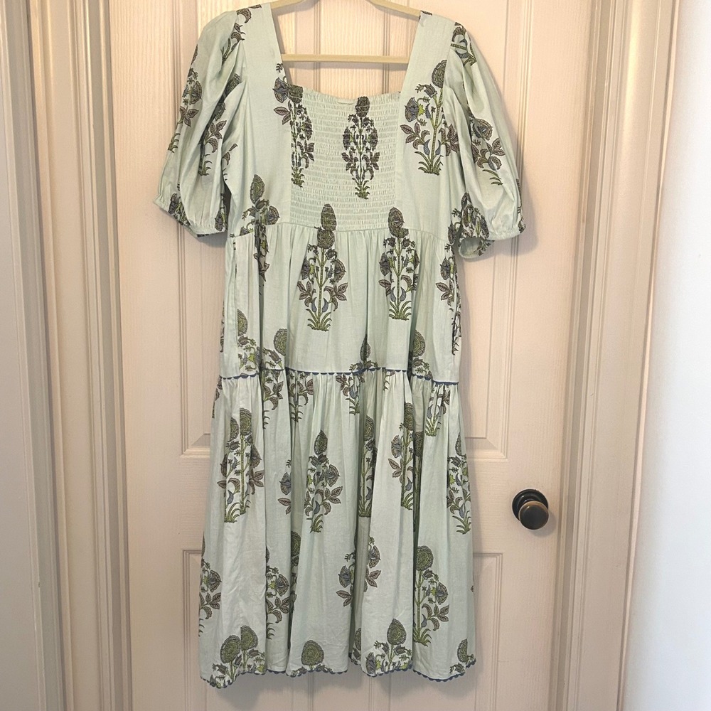 NWT Sister Mary Arianna Cottage Green Floral Hand Embroidered Cotton Mid Dress M - Picture 4 of 9